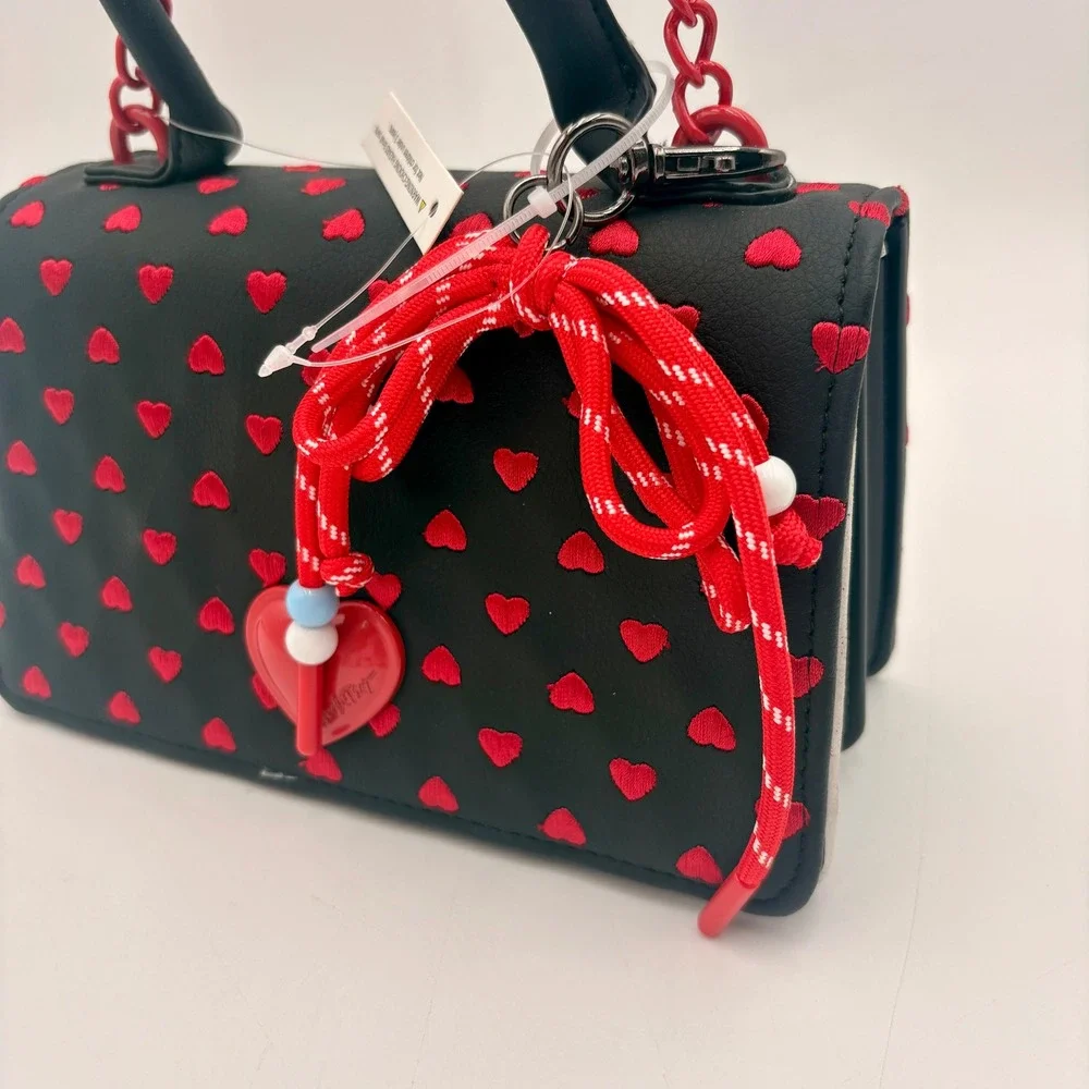 Betsey Johnson Black Red Hearts Mini‎ Top Handle Crossbody Valentine Bag Purse
